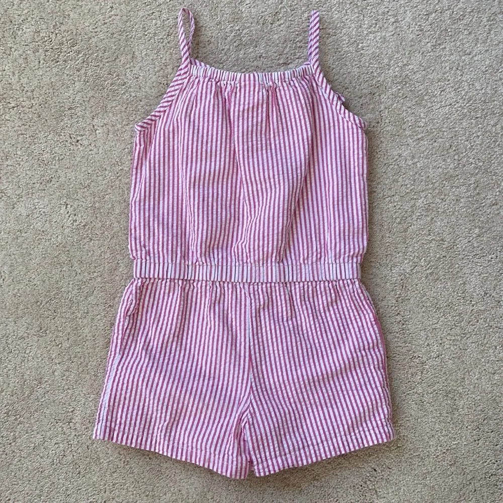Gymboree | pink white seersucker romper | 7